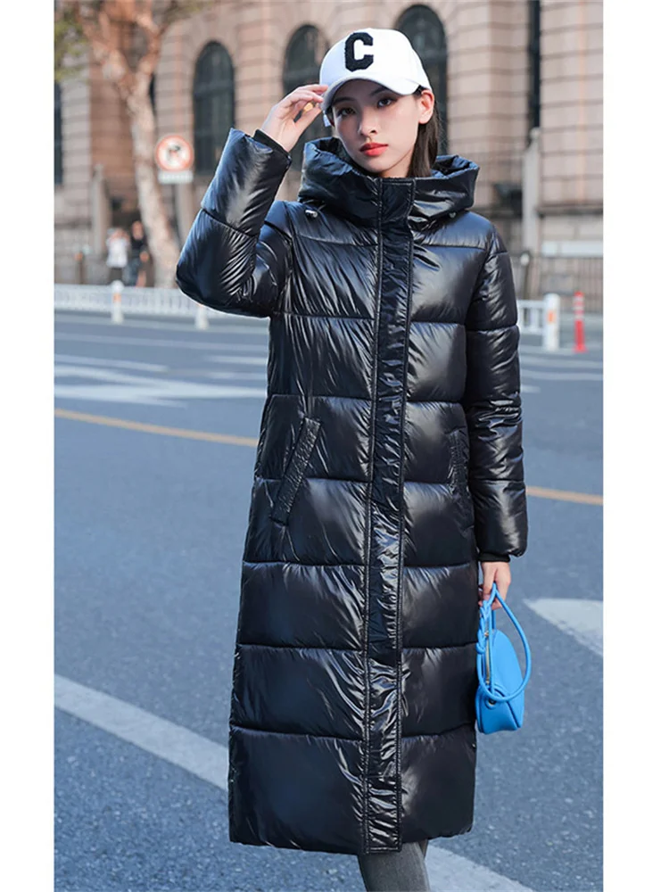 Top Trends: Blue Glossy Free Wash Down Cotton Coat For Women Long Thick Warmth Hooded Parkas 2022 Winter New Korean Loose Clothing Feminine Shoppable Styles - Image 5