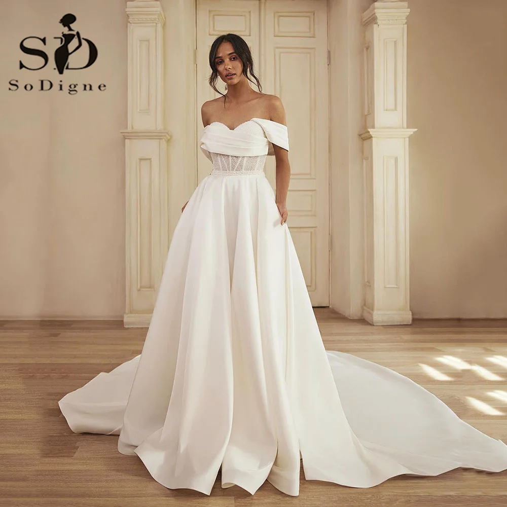 Top Trends: SoDigne White Beading Satin Wedding Dresses With Pockets A Line Off The Shoulder Wedding Party Gown Corset Bridal Gown Brides Shoppable Styles