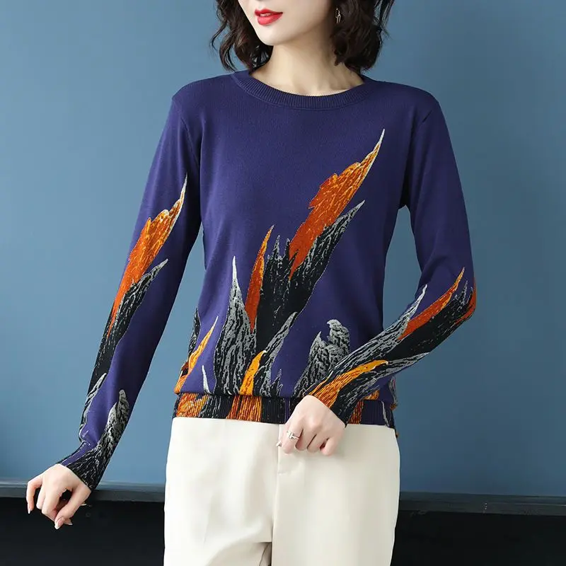 Top Trends: Spring And Autumn Women's Printed Knitted T-shirt New Round Neck All-match Vintage Long Sleeve Underlay Tops Female Clothing Shoppable Styles