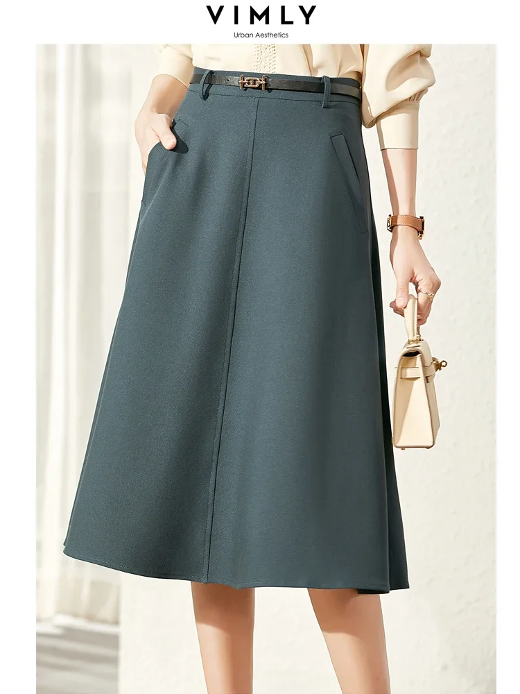 Top Trends: Vimly A-line Skirts For Women 2023 Autumn New Fashion Solid Peacock Blue Simple Versatile Belt Midi Skirts With Pockets V0835 Shoppable Styles