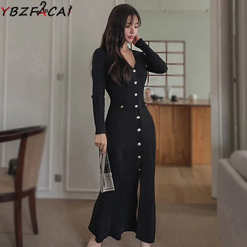 Top Trends: Long Knit Dress Elegant Women 2023 Korean Single Breasted Fishtail Black Knit Dress Fall Winter Retro V Neck Long Sleeve Dress Shoppable Styles