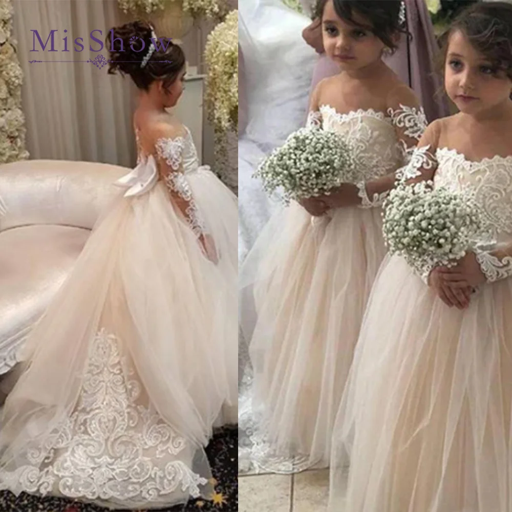 Top Trends: MisShow Long Sleeve Flower Girl Dresses For Wedding Guest Kids Bridesmaid With Bow Lace Appqulies Tulle First Communion Dress Shoppable Styles