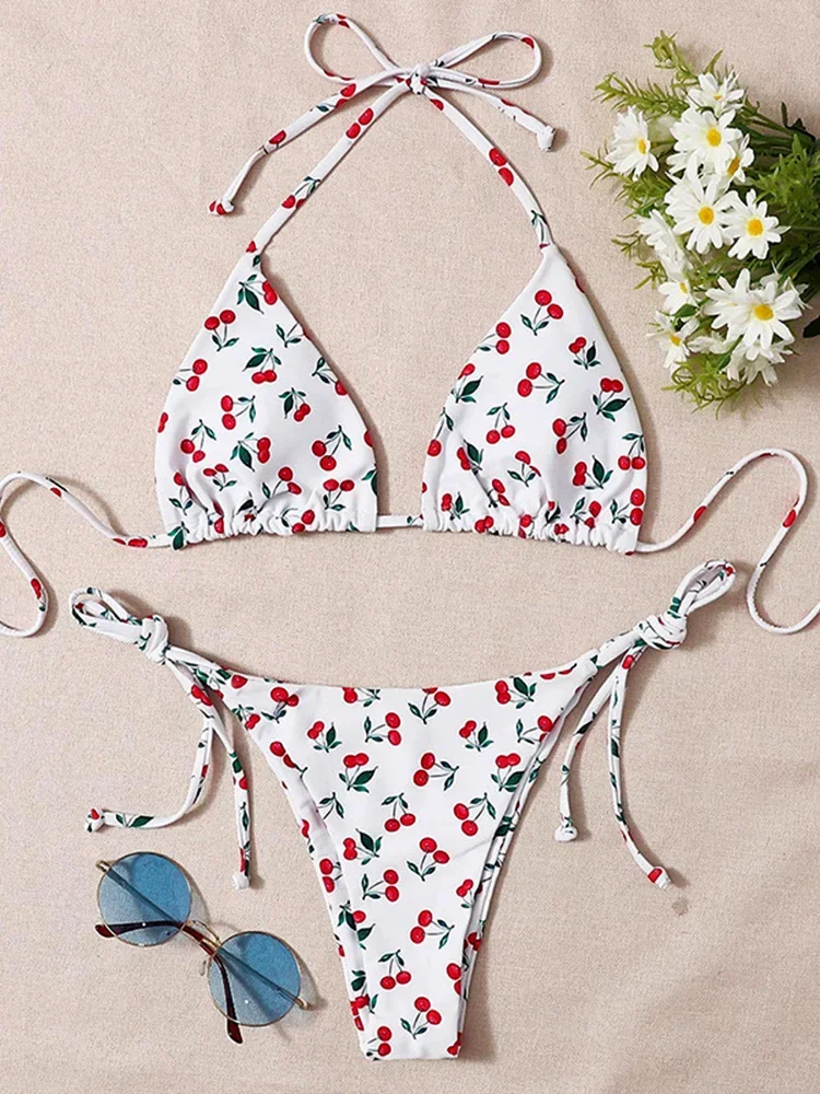 Top Trends: Sexy Cherry Print Halter Strappy Bikini Female Swimsuit Women Swimwear Two-pieces Bikini Set Tie Side Bather Bathing Suit Swim Shoppable Styles