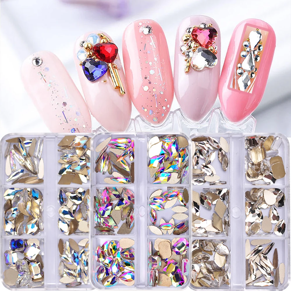 Top Trends: 1 Box / 6 Grids 3D Crystal AB Nail Rhinestones Flat Bottom Pixie Mixed Shape DIY Nail Art 3D Decoration Shoppable Styles