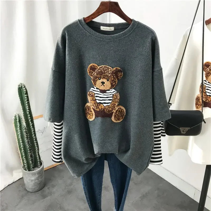 Top Trends: Women Long Sleeved Cotton T-shirt Summer Bear Embroidered Cartoon T Shirt Fake Two-Piece Loose Women Fashion Top Kawaii Clothes Shoppable Styles