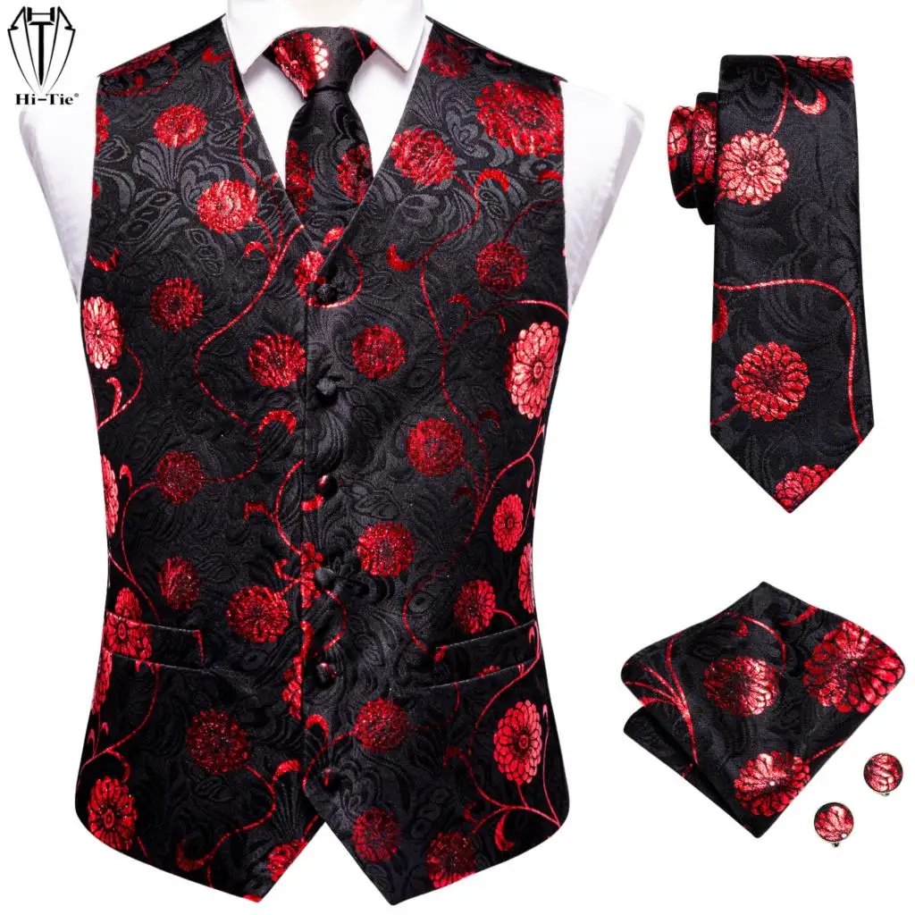 Top Trends: Hi-Tie Black Red Silk Mens Vest Hanky Cufflinks Set Jacquard Floral Dress Waistcoat Sleeveless Jacket For Wedding Business Gift Shoppable Styles