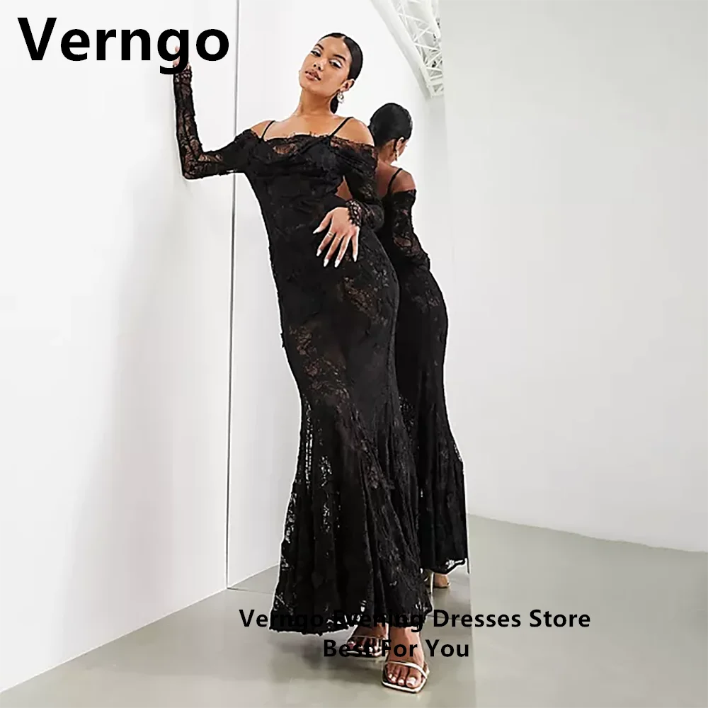 Top Trends: Verngo Black Lace Evening Dress Long Sleeves Spaghetti Straps Prom Gowns V Neck Sexy Arabic Dresses For Formal Occasion Shoppable Styles