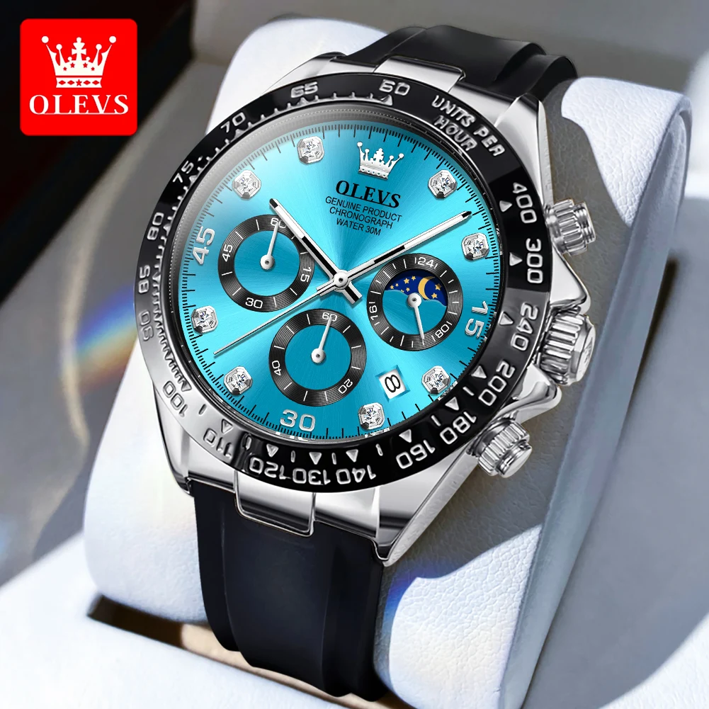 Price Review OLEVS Men's Watches Casual Fashion Original Quartz Watch For Man Waterproof Silicone Strap Luminous Moon Phase Chronograph Date Online Shop