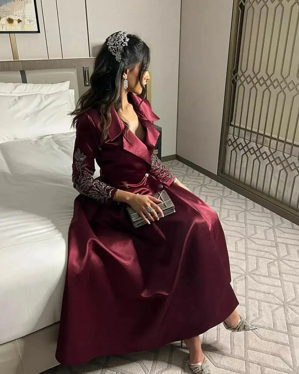 Top Trends: Dark Red Vintage Evening Dresses Silk Satin Arabic Women Formal Party Long Sleeves V Neck Tea Length Prom Gowns Garm Shoppable Styles