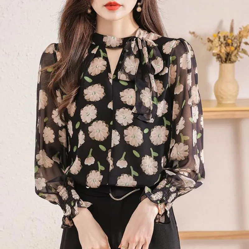 Top Trends: Female Clothing Broken Flowers Blouse Fashion Cut Out Round Neck Spring Long Sleeve Shirring Commute Elegant Bandage Bow Shirt Shoppable Styles