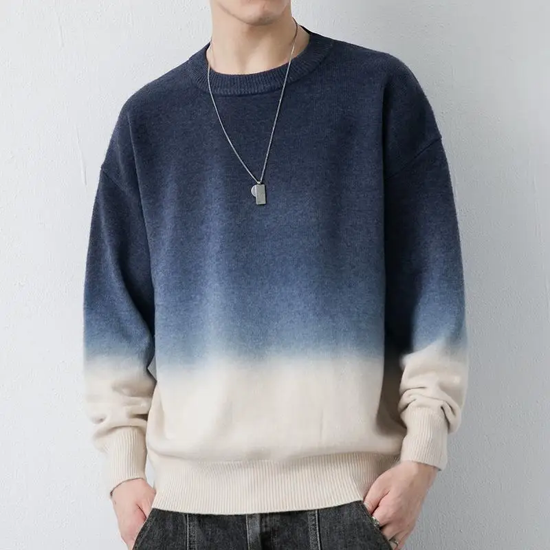 Top Trends: Stylish O-Neck Knitted Spliced All-match Gradient Sweaters Men&#039;s Clothing 2022 Autumn New Oversized Casual Pullovers Warm Tops Shoppable Styles