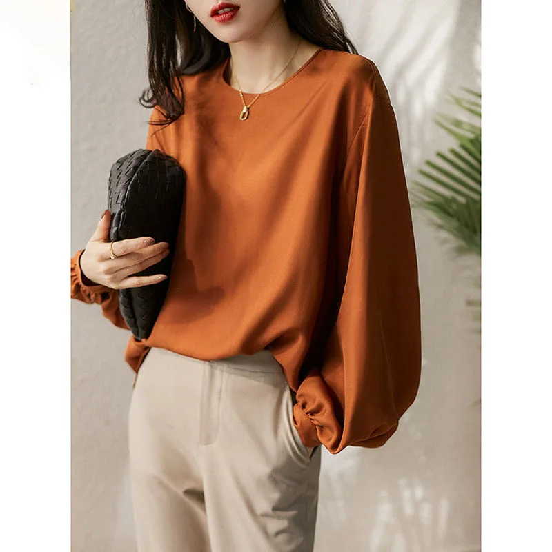 Top Trends: Fashion Solid Color Basic All-match Lantern Sleeve Pullovers T-shirt Autumn Casual Commute O-Neck Loose Tops Women&#039;s Clothing Shoppable Styles