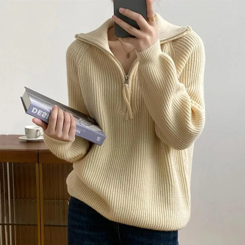 Top Trends: Women Autumn Winter Loose Long Sleeve Knitted Sweater Korean Fashion Half Zipper Turn-down Collar Pullover Sweater Casual Tops Shoppable Styles