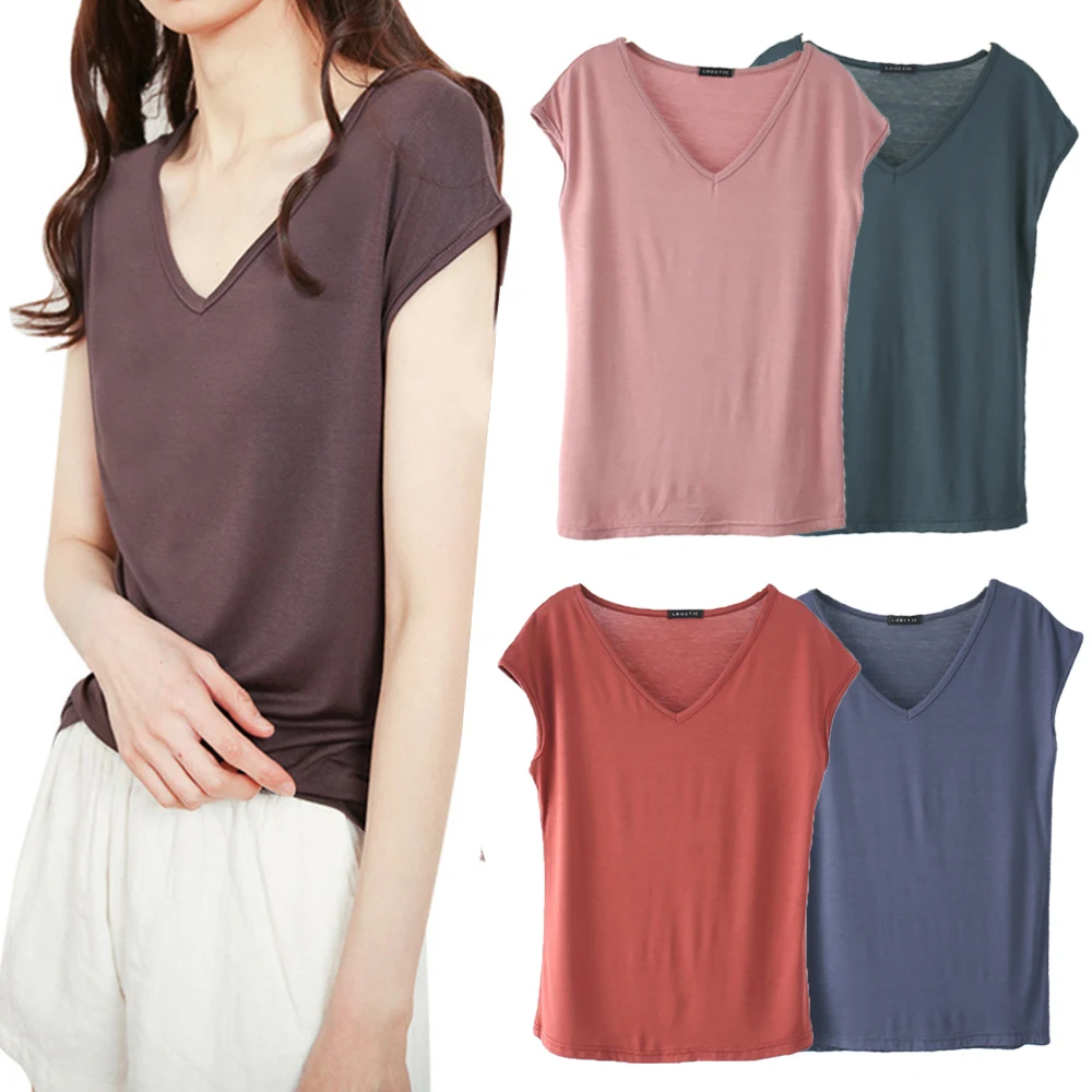 Top Trends: Women T Shirt Summer Loose Tee Tops Casual Undershirt Solid Color V Neck Basic Tshirt Comfortable Pullover 2023 New High Quailty Shoppable Styles