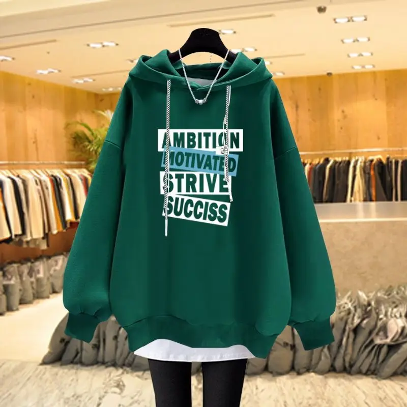 Top Trends: Women Clothing Printed Loose Casual Hooded Sweatshirts 2023 Autumn Winter Keep Warm Fleece Oversized Hoodies Solid All-match Top Shoppable Styles