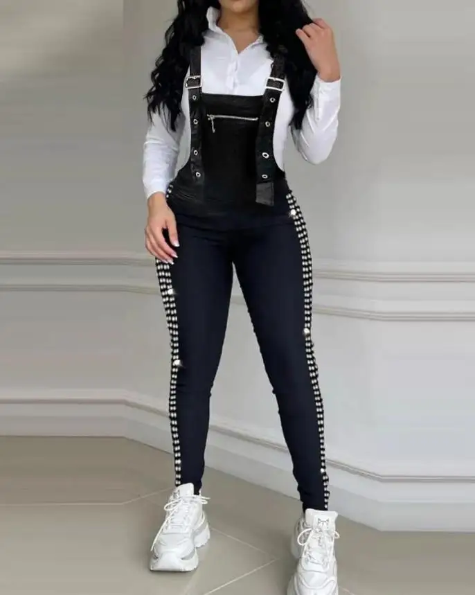 Top Trends: Rhinestone Decor Buckled Suspender Jumpsuit 2023 Woman Long Jumpsuits Elegant New Fashion Casual Shoppable Styles