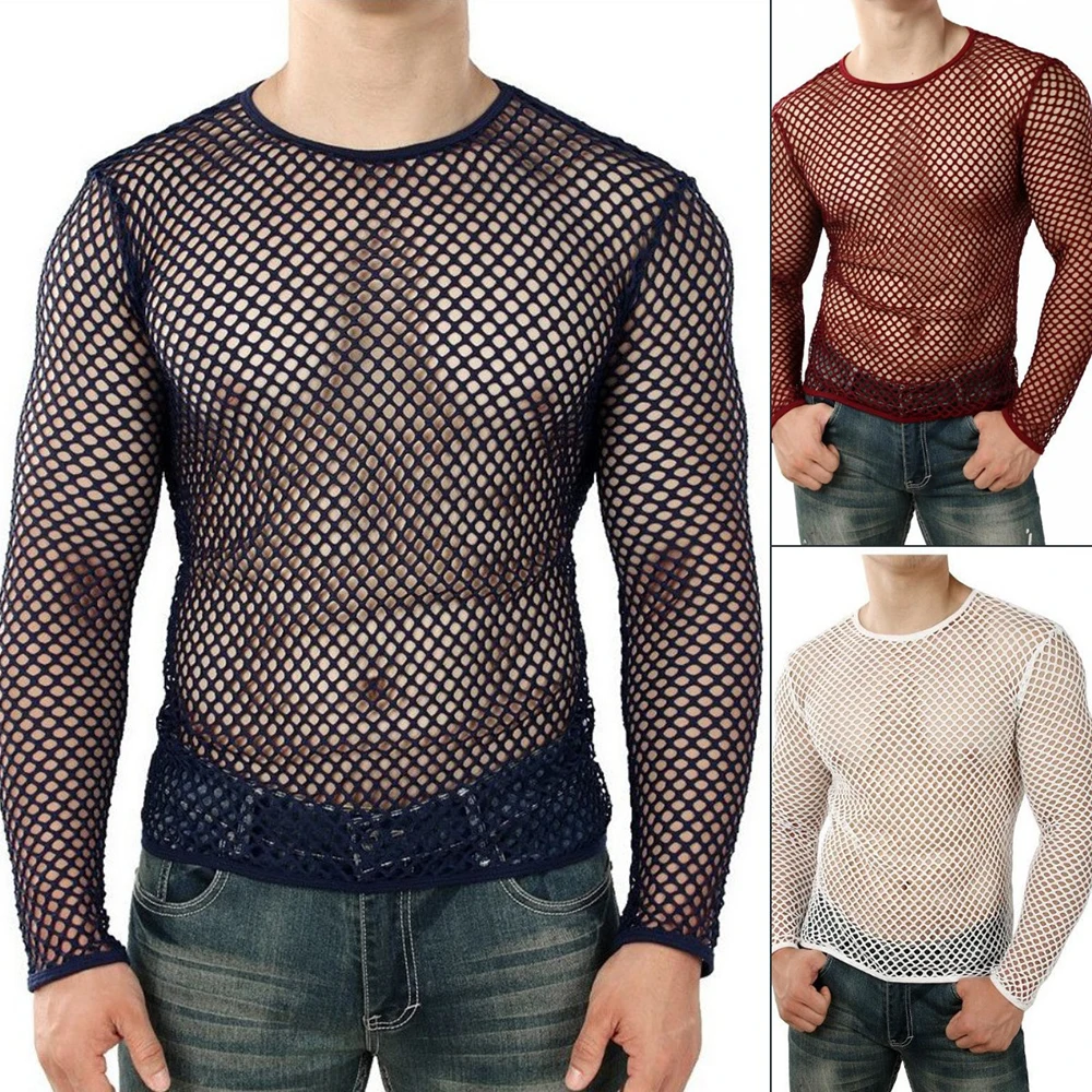 Top Trends: Men Transparent Sexy Mesh T Shirt 2024 New See Through Fishnet Long Sleeve Muscle Undershirts Nightclub Party Perform Top Tees Shoppable Styles