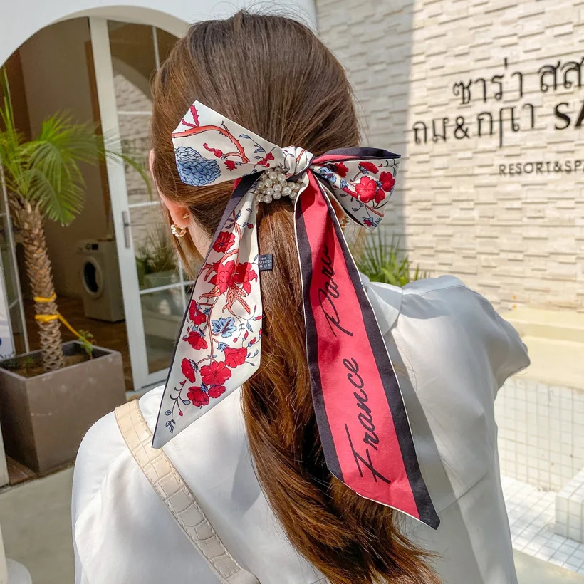 Top Trends: 2024 Korean Style Streamers Women's Bow Tie Hair Ponytail Headband Silk Scarf Pearl Rainbow Scrunchie Net Red Hair Accessories Shoppable Styles