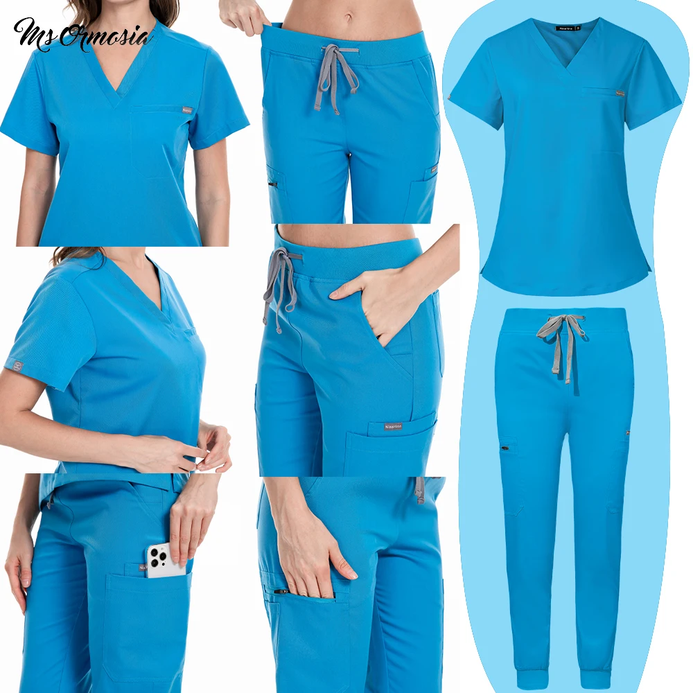 Top Trends: Workwear Women Men Scrub Top Pants Elastic Medical Uniform Short Sleeve V Neck Shirts Trousers Doctor Nurse Uniform Scrubs Suits Shoppable Styles