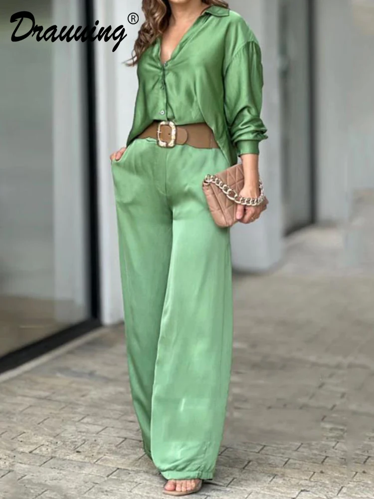 Top Trends: Drauuing Green Blouse And Wide Leg Pant Sets Women Long Sleeve Blouse Matching Sets Elegant Loose Casual Matching Sets Shoppable Styles