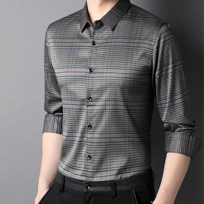 Top Trends: Autumn Winter Fashion Casual Plaid Long Sleeve Shirt Male Clothes 2023 Business Office Polo-Neck Single-breasted Shirts For Men Shoppable Styles - Image 6