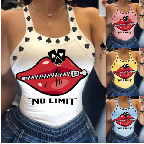 Top Trends: 2023 Summer Women's U Neck Sexy Letter Print T-Shirt Small Tank Sleeveless Lips Top Casual And Versatile Street Clothes Shoppable Styles