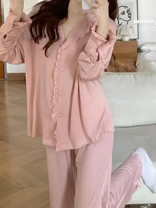 Top Trends: Simple Sweet Pajamas Flanged Casual Nightdress Women Spring Sleepwear Long Sleeve Lapel Home Wear Set Solid Color Loose Pyjamas Shoppable Styles - Image 3