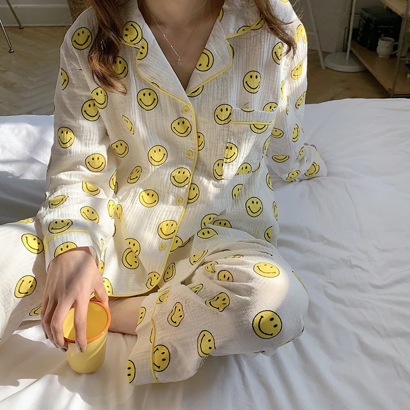 Top Trends: 100% Cotton Women Pajamas Set Lapel Short-sleeved Sleepwear Home Clothes Long Sleeve Loungewear Soft Kawaii Print Spring Summer Shoppable Styles