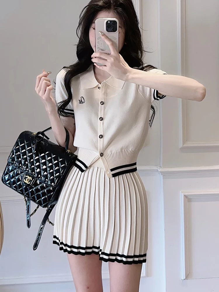 Top Trends: New Korea Fashion Stripe Knitted Suits Women Short Sleeves Top + Pleated A Line Skirt Summer Casual Streetwear Two Pieces Sets Shoppable Styles