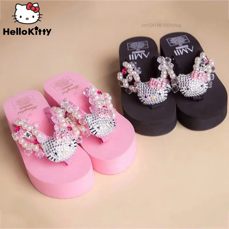 Top Trends: Sanrio Hello Kitty Soft Flip Flop Sandals Y2k Beach Slides Shoes Women Kawaii Casual Wedge High Heels Platform Slippers Ladies Shoppable Styles