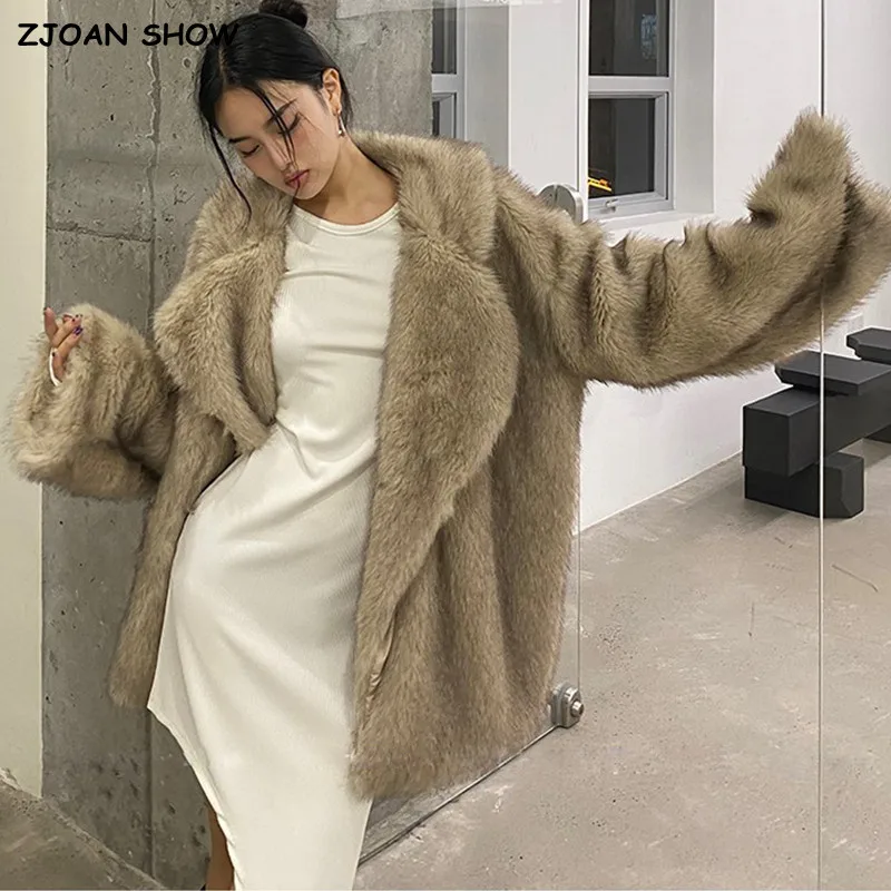 Top Trends: HIGH QUALITY Winter Large Lapel Fur Coat Long Sleeve Warm Shaggy Faux Fur Jacket Loose Coat Contrast Color Tips Shoppable Styles