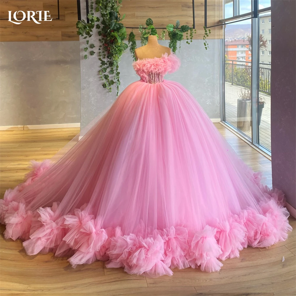 Top Trends: LORIE Baby Pink Tulle Formal Prom Dresses Off Shoulder A-Line Backless Evening Dress Ruched Flowers Pageant Wedding Party Gowns Shoppable Styles