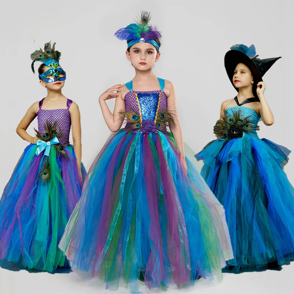 Top Trends: Peacock Feather Long Tail Dresses For Girls Purim Pageant Halloween Party Costumes Kids Animal Tutu Outfits Princess Ball Gown Shoppable Styles