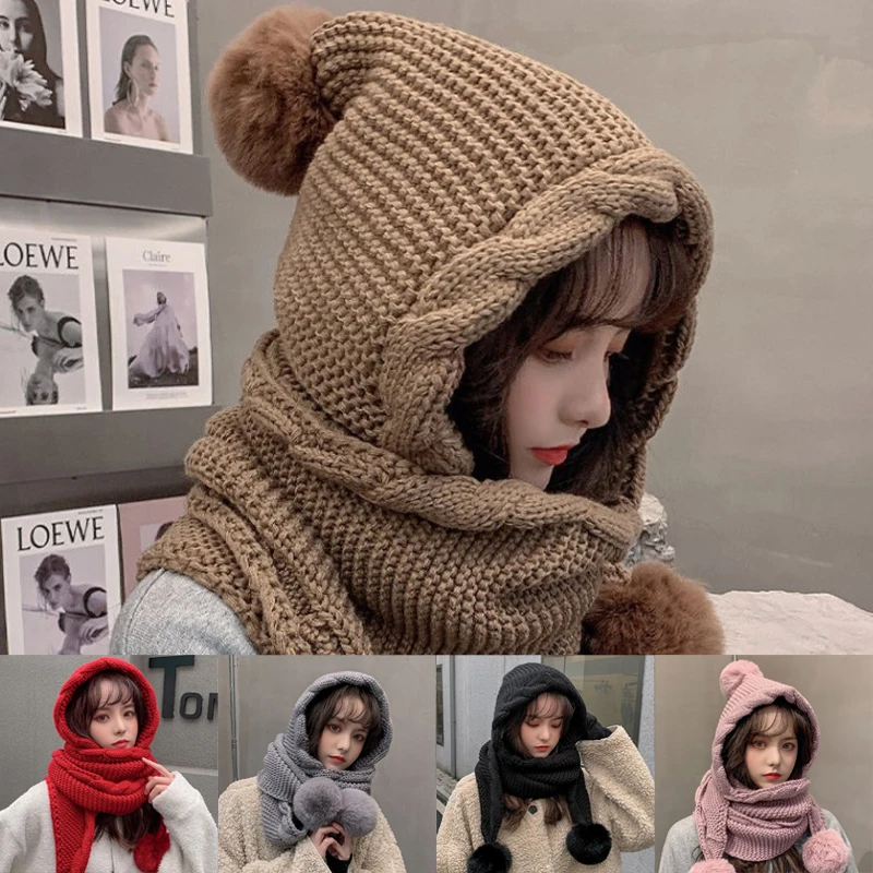 Top Trends: Women's Korean Hooded Scarf Winter Hats Woman Cold Protection Warm Scarf Hat Cute Fur Ball Ear Protection Thickened Knitted Hat Shoppable Styles