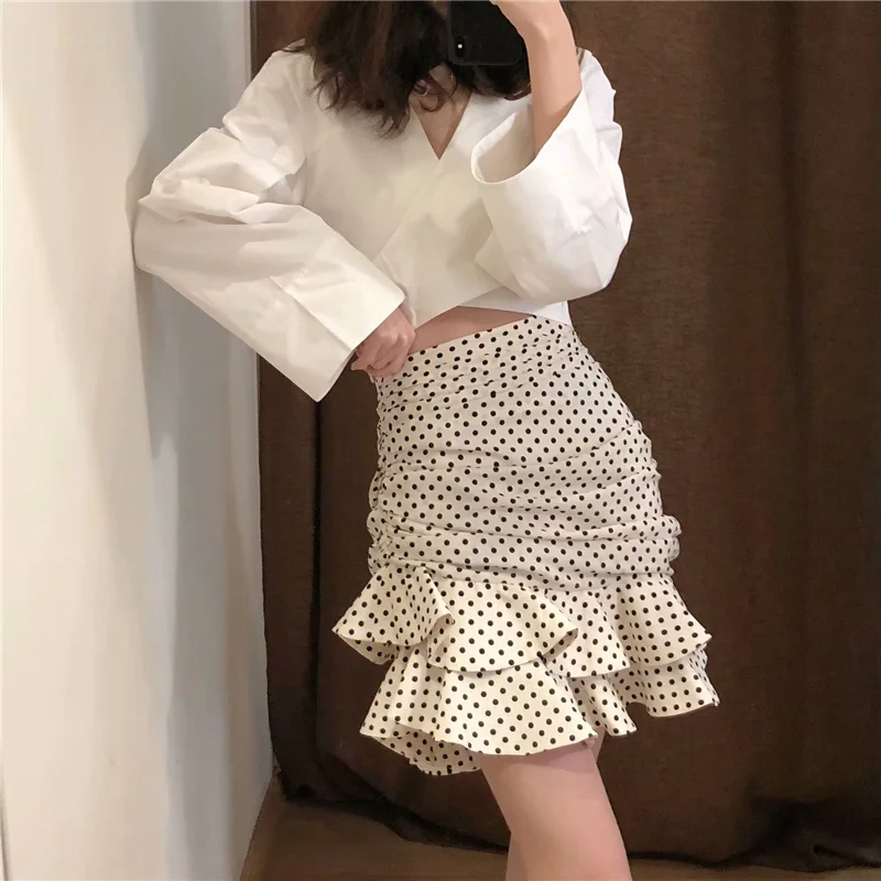 Top Trends: Polka Dot Ruched Mini Skirt Women White Ruffle Vintage Bodycon Chic Skirt High Waist Holiday Skirt Faldas Shoppable Styles