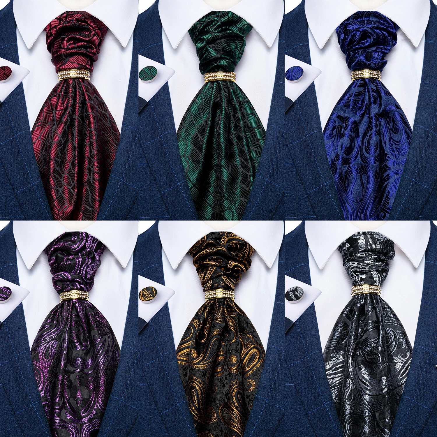 Top Trends: Luxury Men Green Blue Paisley Ascot Tie Set Solid Necktie Ring Wedding Party Cravat Purple Ties Pocket Sqaure Cufflink Free Ship Shoppable Styles