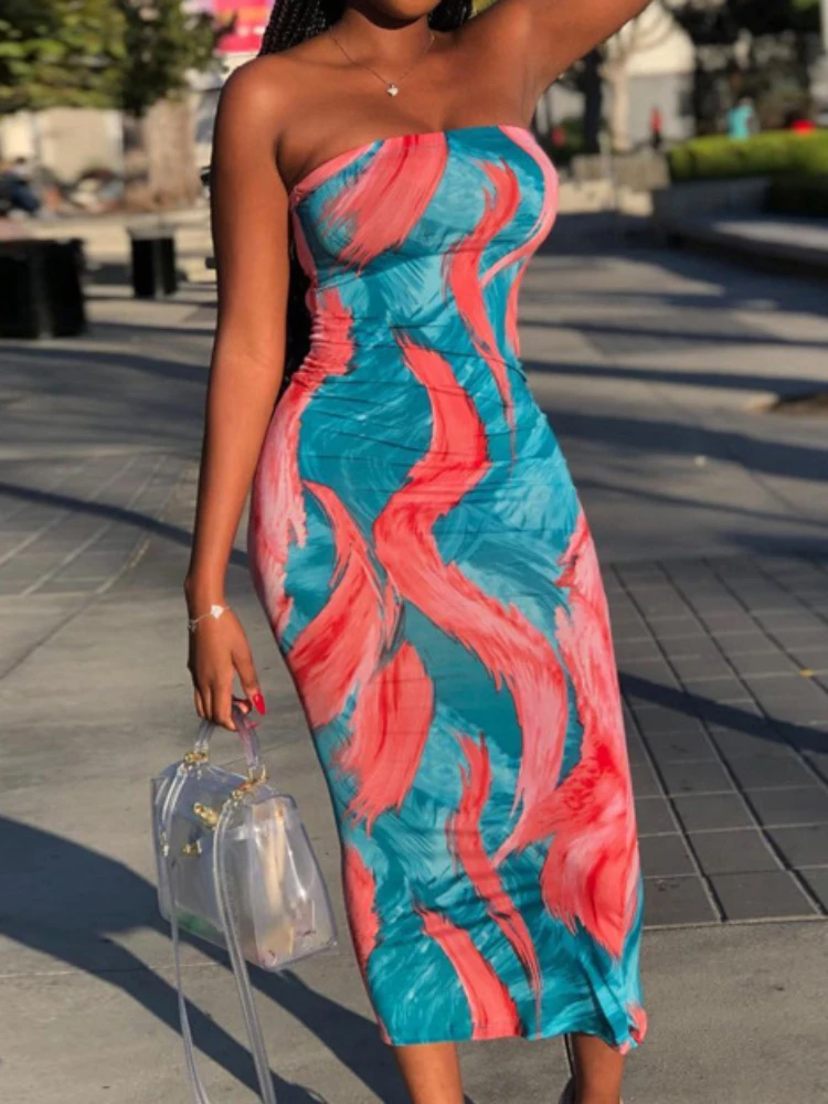 Top Trends: Sexy Boho Style Colorful Striped Tie-dyed Long Maxi Dress Women Strapless Sleeveless Bodycon Dress Elegant Club Party Vestidos Shoppable Styles