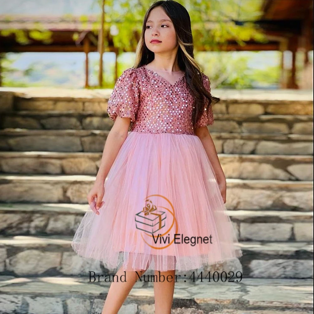 Top Trends: Charming Pink Short Sleeve Flower Girl Dresses With Sequined 2023 New A Line Soft Tulle Wedding Party Gowns Summer Vestido De Shoppable Styles - Image 3