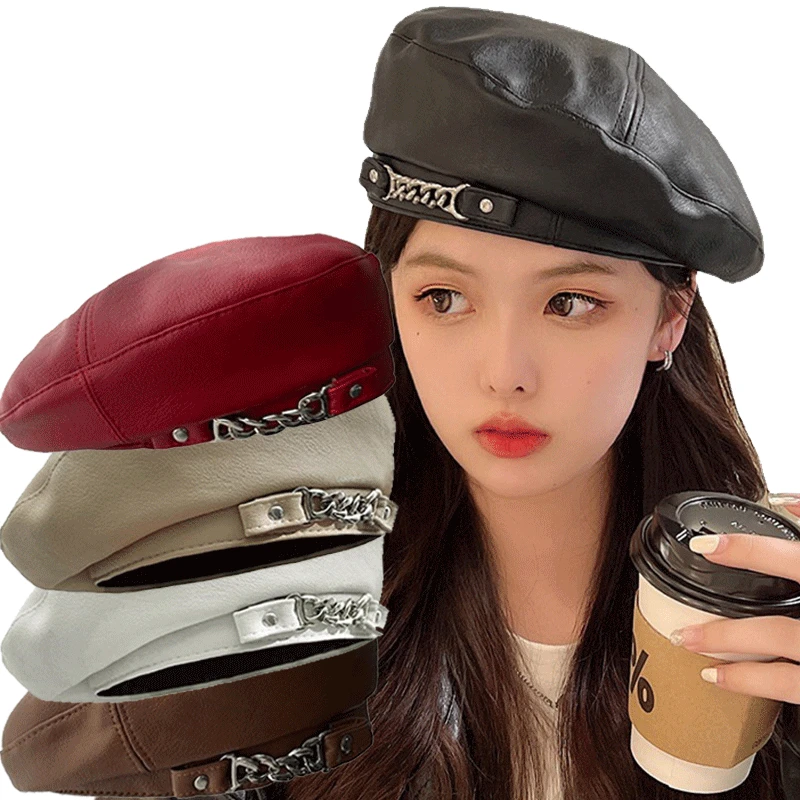 Top Trends: Fashion Autumn Winter Hip Hop Chain PU Leather Beret Women's Pure Color Retro Octagonal Hat Versatile Painter Cap Shoppable Styles