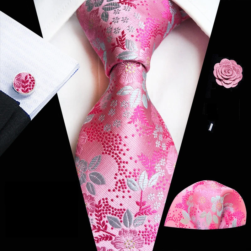 Top Trends: Floral Pink Ties Set For Men Wedding Party Neck Tie Set Handkerchief Brooch Cufflinks Men Accessories High Quality Gravata Shoppable Styles