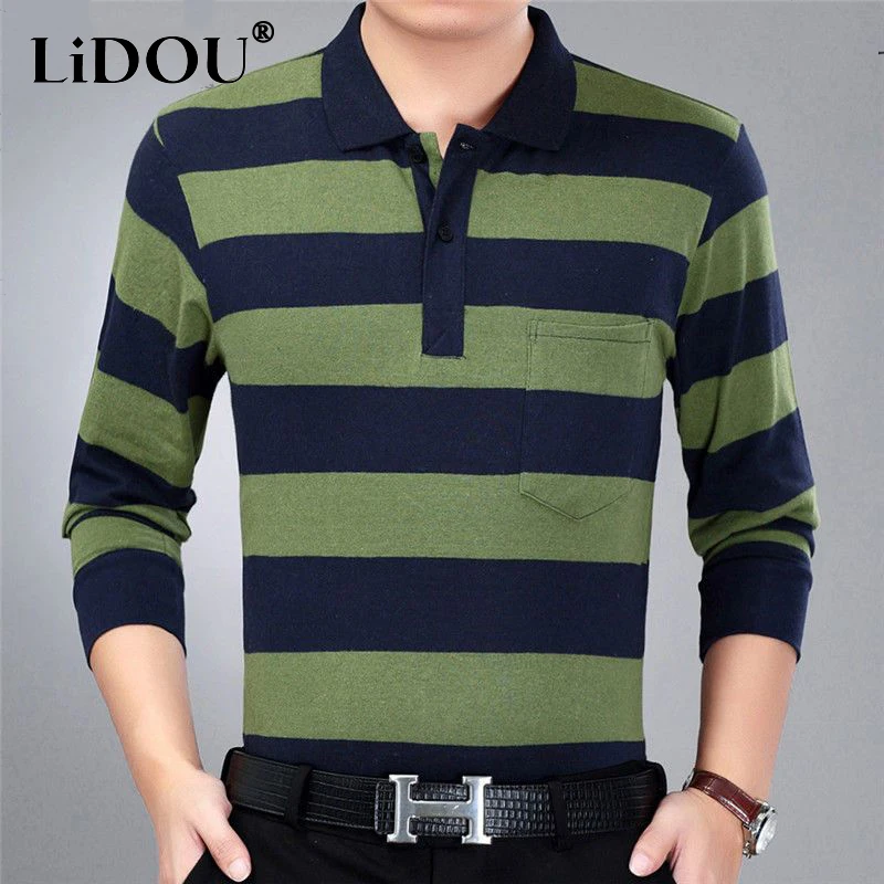 Top Trends: Spring Autumn Stripe Casual Fashion Polo Shirts Men Long Sleeve Loose Casual Tops All Match Pullover Korean Tees Male Clothes Shoppable Styles