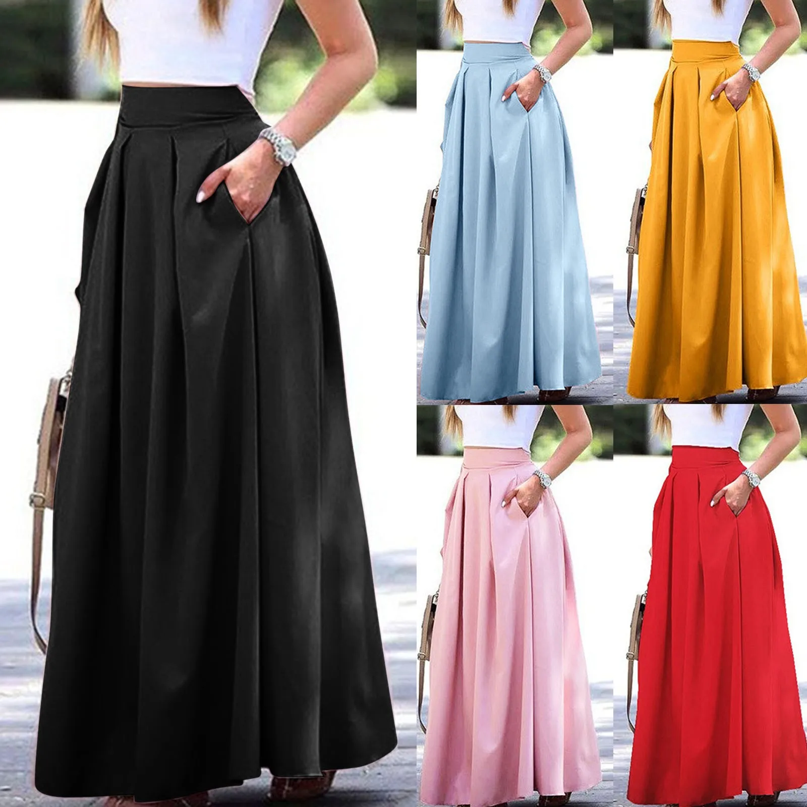 Top Trends: Women's Large Solid Women Satin Silk Long Skirts Cotton Solid Elegant Loose Sundress Femme Elastic Waist Oversized Casual Dresse Shoppable Styles