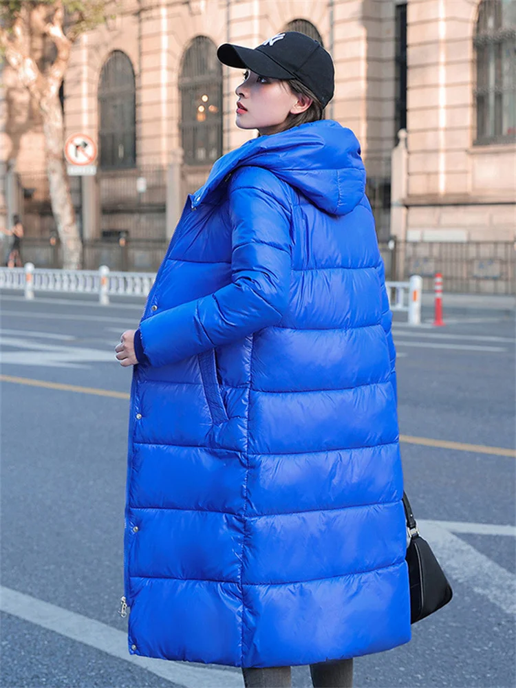 Top Trends: Blue Glossy Free Wash Down Cotton Coat For Women Long Thick Warmth Hooded Parkas 2022 Winter New Korean Loose Clothing Feminine Shoppable Styles - Image 2