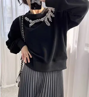 Top Trends: Women's Shoulder Bright Pearl Rhinestone Embroidered Round Neck Long-Sleeved Sweater Shoppable Styles