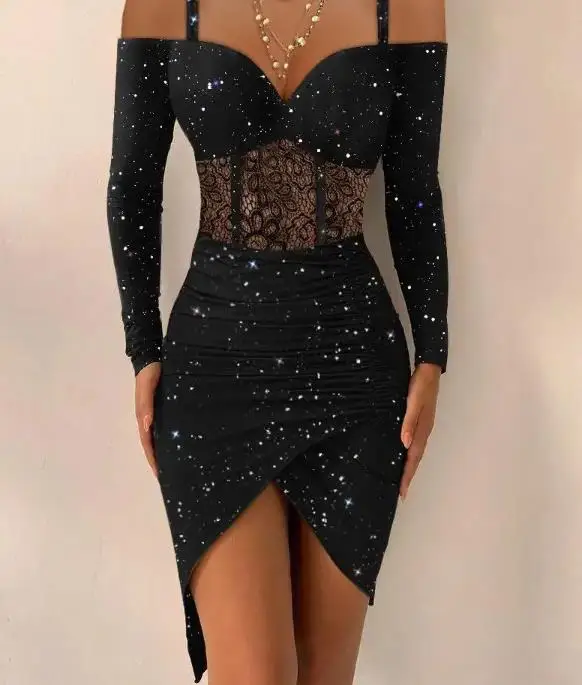 Top Trends: Contrast Lace Cold Shoulder Ruched Glitter Corset Dress Sexy Long Sleeve Dresses Elegant Chic Female Skinny Women's Dress Sexy Shoppable Styles