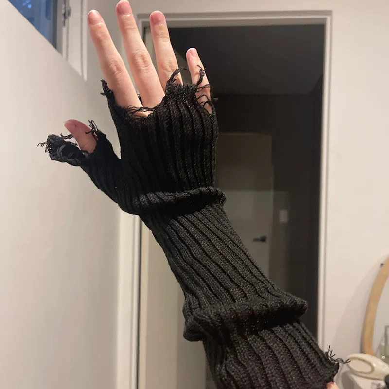 Top Trends: New Girl Gloves Black Beige Tattered Punk Unisex Fingerless Cuff Knit Glove Women Men Elbow Mittens Broken Arm Warmer Gloves Shoppable Styles