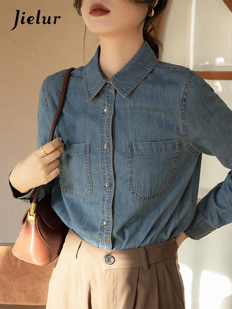 Top Trends: Jielur Spring New Denim Long-sleeved Shirt Female Casual Loose Fashion Street Chic Women Shirt Blue Slim Simple Basic Top Female Shoppable Styles