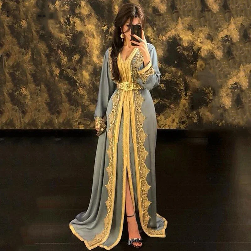 Top Trends: Hunter Moroccan Kaftan Evening Dresses Appliques Arabic Muslim Special Occasion Dresses Vestidos De Fiesta Elegantes Para Mujer Shoppable Styles