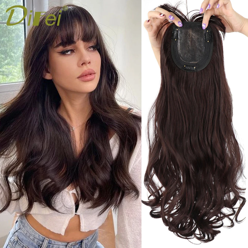 Top Trends: DIFEI Synthetic Long Wavy Hair Topper With Bangs Fake Hair Toupee Replacement Block 3D Air Bangs Hair Clip-In Hair Extension Shoppable Styles