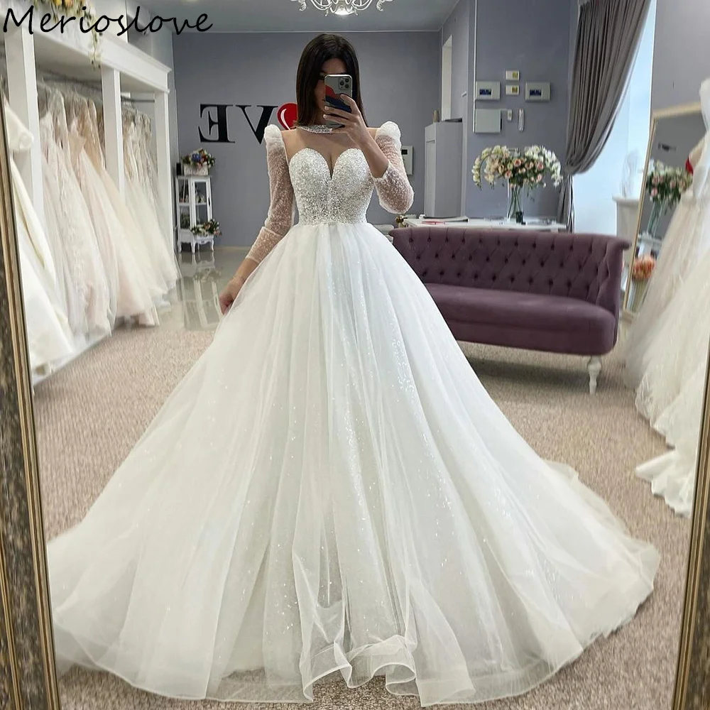 Top Trends: Merioslove Glitter Princess Wedding Dresses Crystal Beading Long Sleeves A-Line Wedding Gown Beach Bridal Gowns Robe De Soiree Shoppable Styles